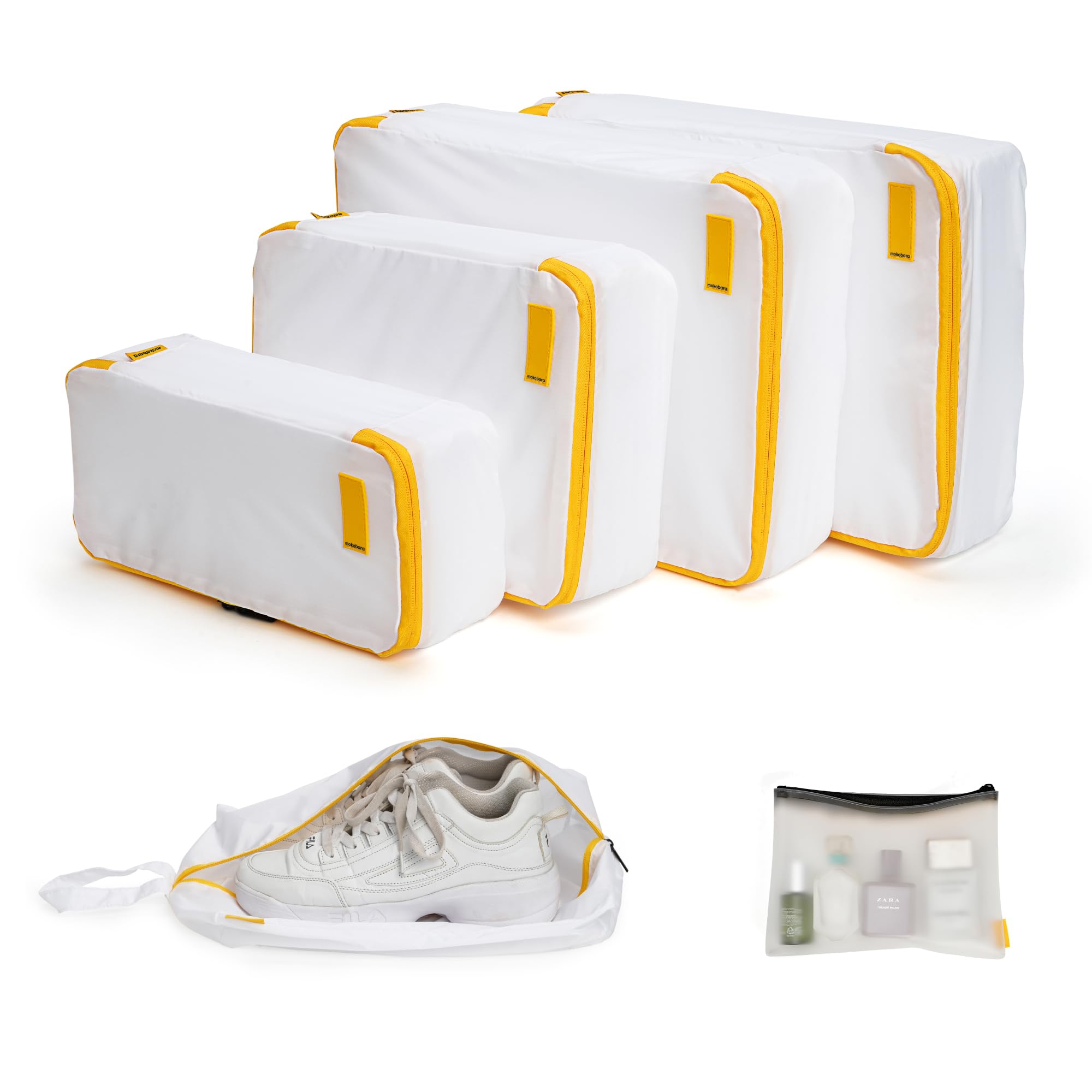 Mokobara The Packing Cube Nylon Fabric Water Resistant Travel Organizer Wardrobe Organizer Set of Packing Bag (XL,Large, Medium, Shoe bag, Toiletry Bag) (Set of 6, Still Loading Sunray) White