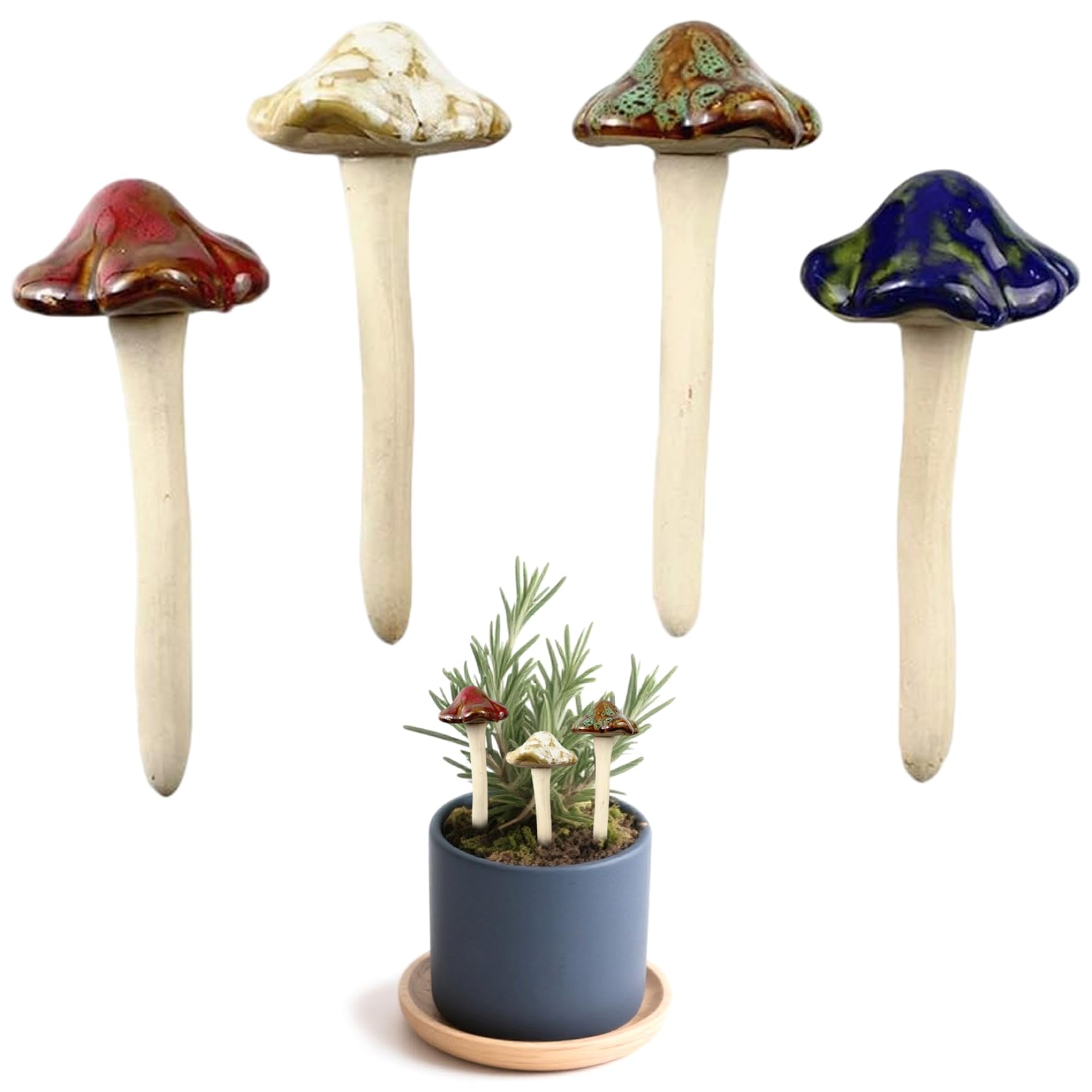 Bemonew 4Pcs Mushroom Figurines Mushroom Garden Decor 4.7X2 Inch Cermaic Figurines For Flower Bed, Fairy Garden, Yard, Indoor, Outdoor