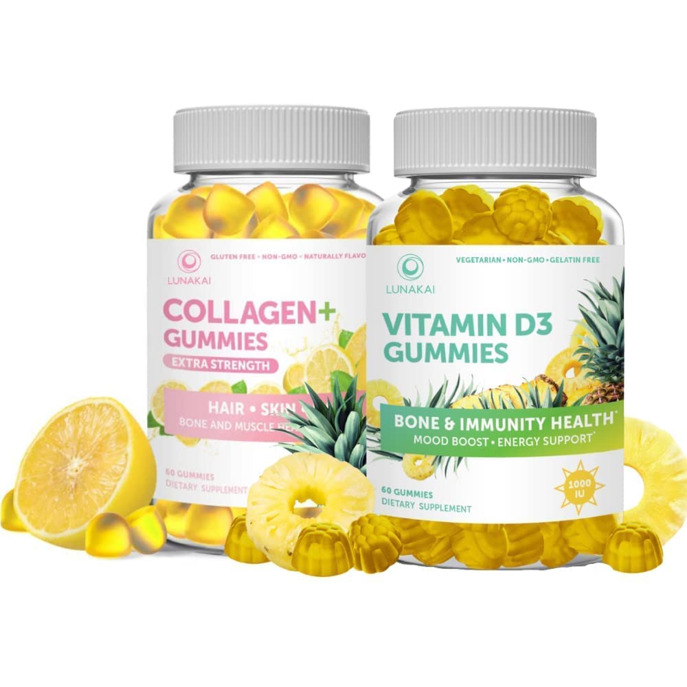 Collagen and Vitamin D3 Gummies Bundle - Anti Aging Protein Supplements for Men & Women - Immunity, 