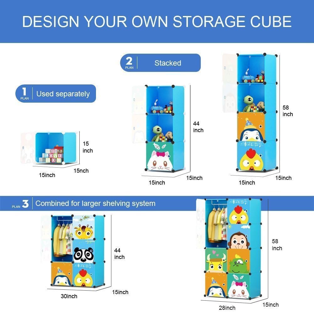 EXVITO Kids Portable DIY Cartoon Wardrobe | Multi-Shelf Almirah for Baby Clothes Storage | Plastic Kids Cupboard with Hanging Space | Sun Protection with Anti-Slip Handle (Panda Blue, 8 Door) 1