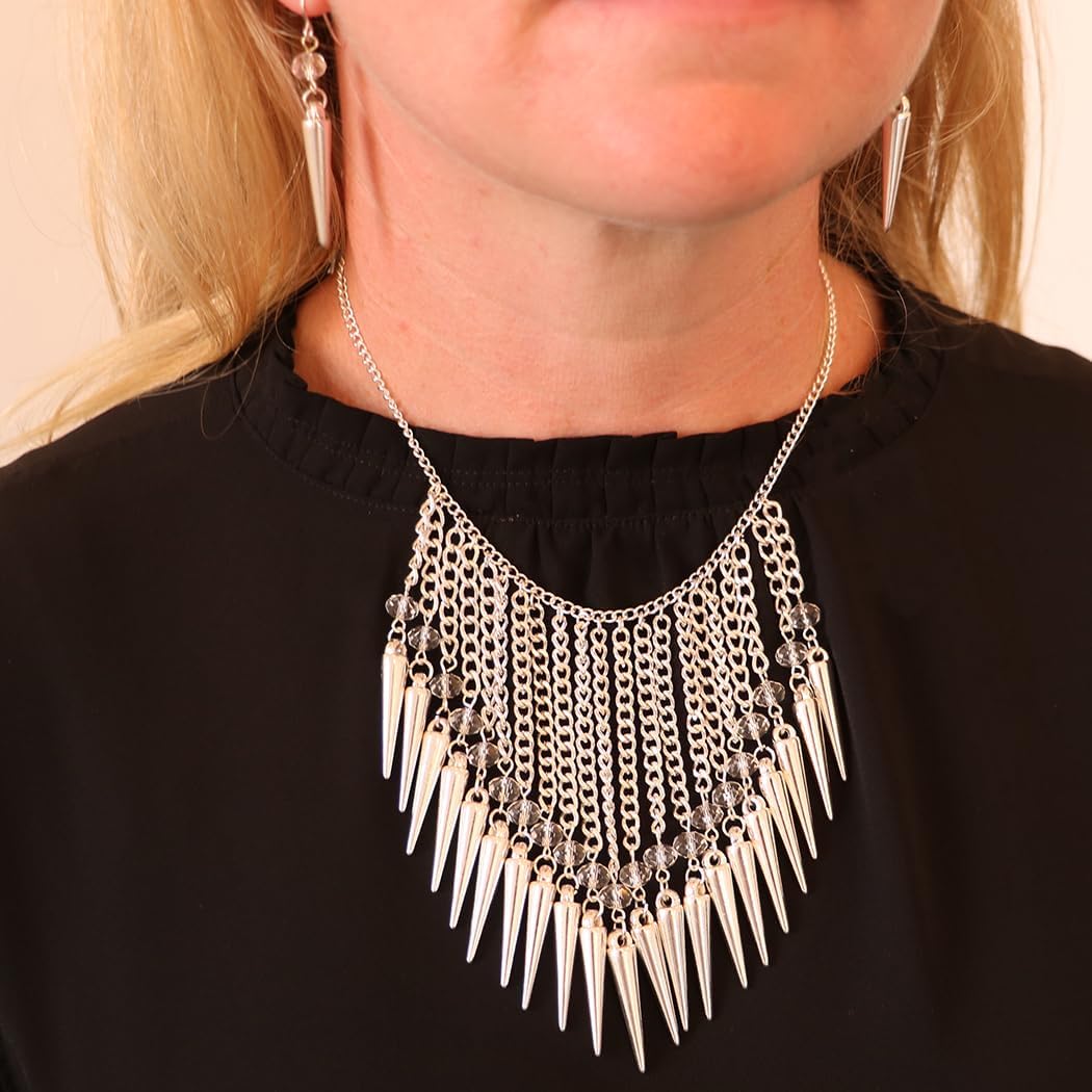 Rosemarie & Jubalee Women's Unique Faceted Crystal Bead With Spikes Waterfall Collar Necklace Earrings Set, 16"+3" Extender