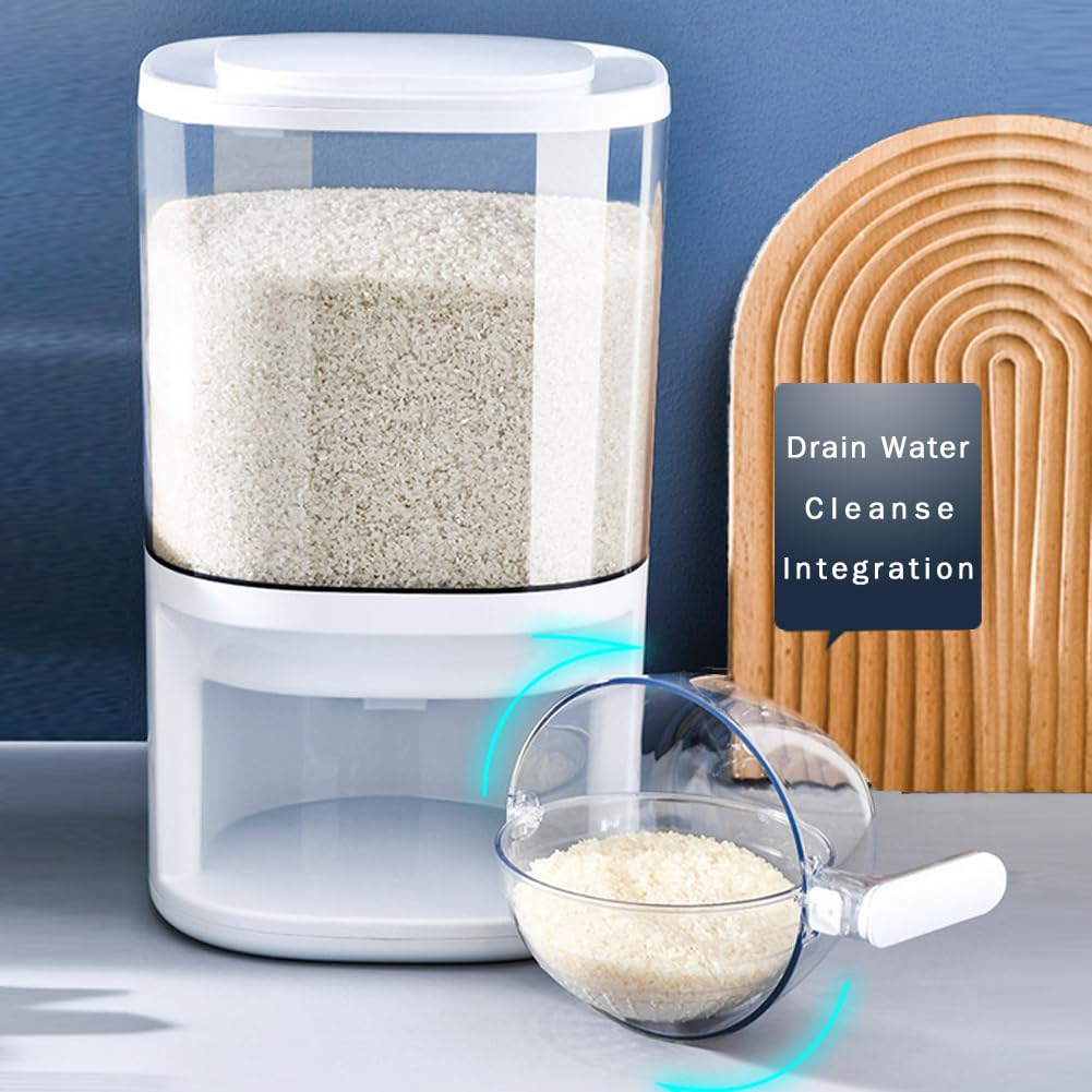 MKEHAOVL 26.5 Lbs Rice Dispenser, Large Sealed Rice Storage Container with Rotating Drain Measuring Cup, Grain Dispenser Kitchen Organization and Pantry for Cereal Dry Food (BPA-Free)