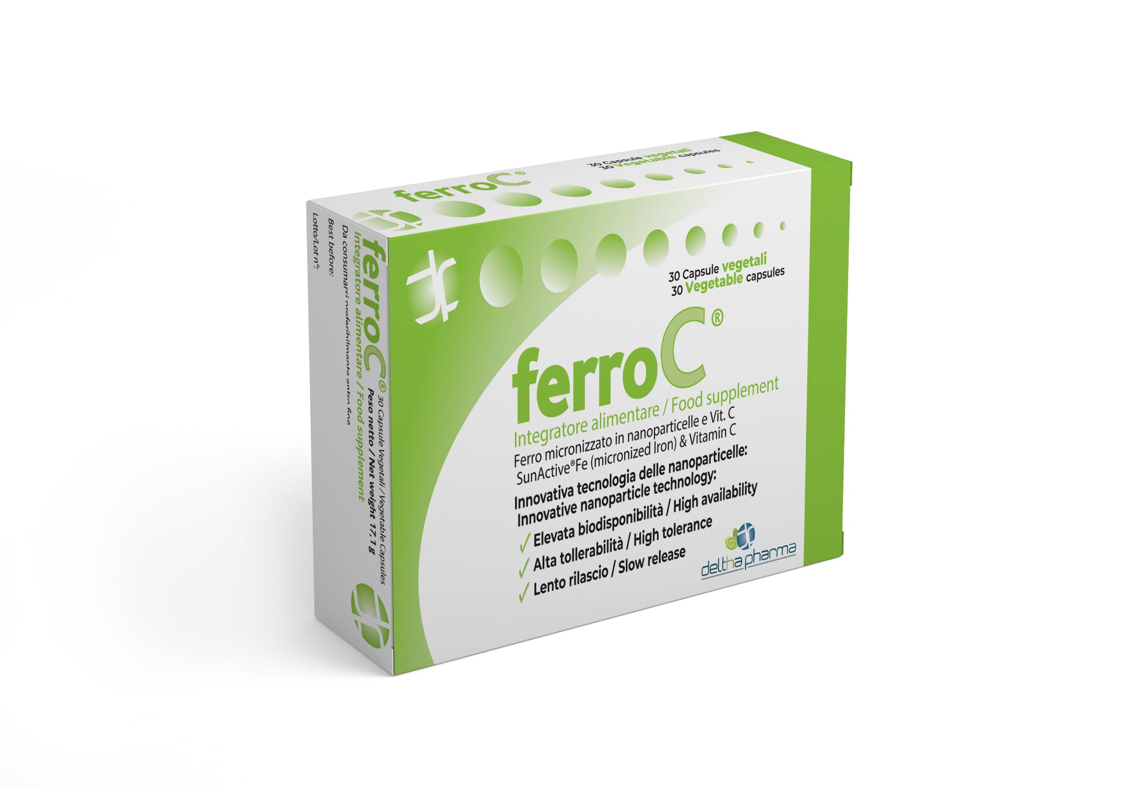 Ferro 30mg e VitaminaC 30 Caps vegetali Ferro Forte lento rilascio, Pirofosfato Micronizzato Superdisperso, Alta Biodisponibilità e Tollerabilità, Buon Sapore - per Glubuli Rossi e Emoglobina