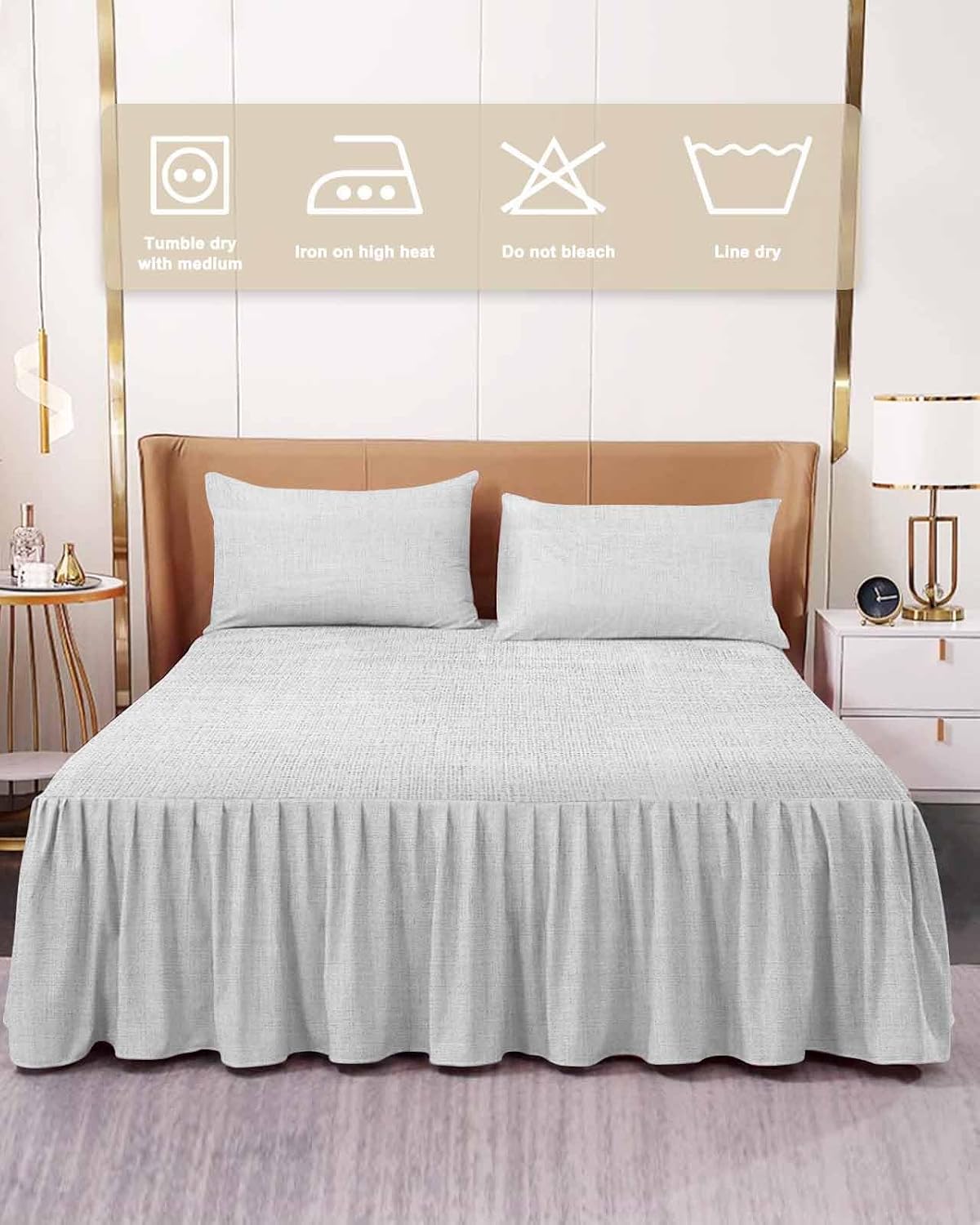 Ruffle Skirt Bedspread for Twin XL Size Bed Farmhouse Light Gray Flax 2 Piece Bedding Cover with Pillow Sham,18In Drop Bedskirt Coverlet Bedroom Dorm Decor Retro Linen Burlap Texture