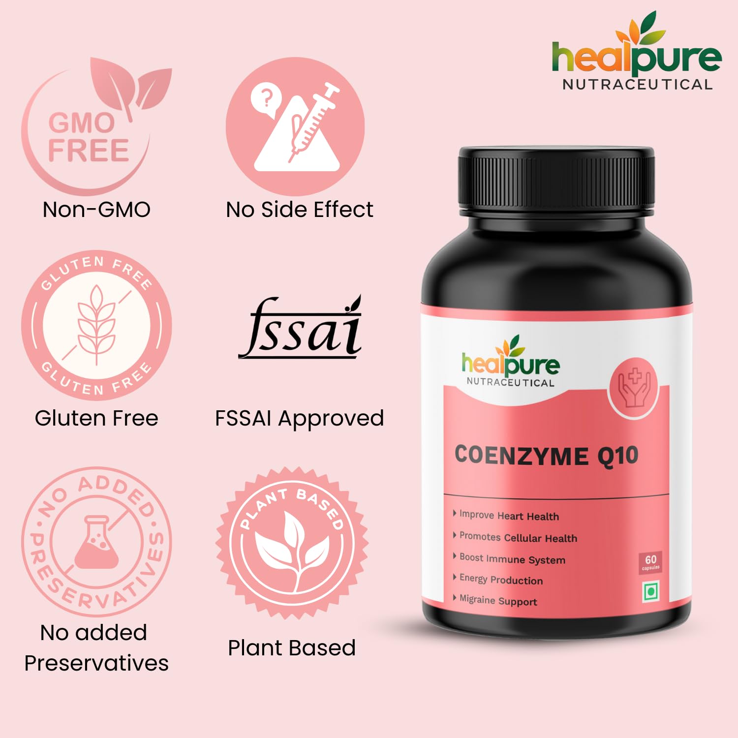 HEALPURE NUTRACEUTICAL Coenzyme Q10 (CoQ10) 100mg Supports Heart Health and Vascular Health Veg 60 Capsules 3