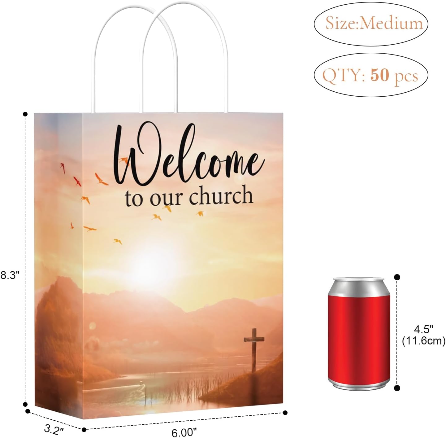 QIELSER 50 Pcs Church Welcome Bags Bulks 5.9x3.1x8.3 Inches, Small Size Welcome Gift Bags with Handles Welcome to Our Church Paper Bags for Hotel, Birthday, Party Favor Supplies, Baptism Guest