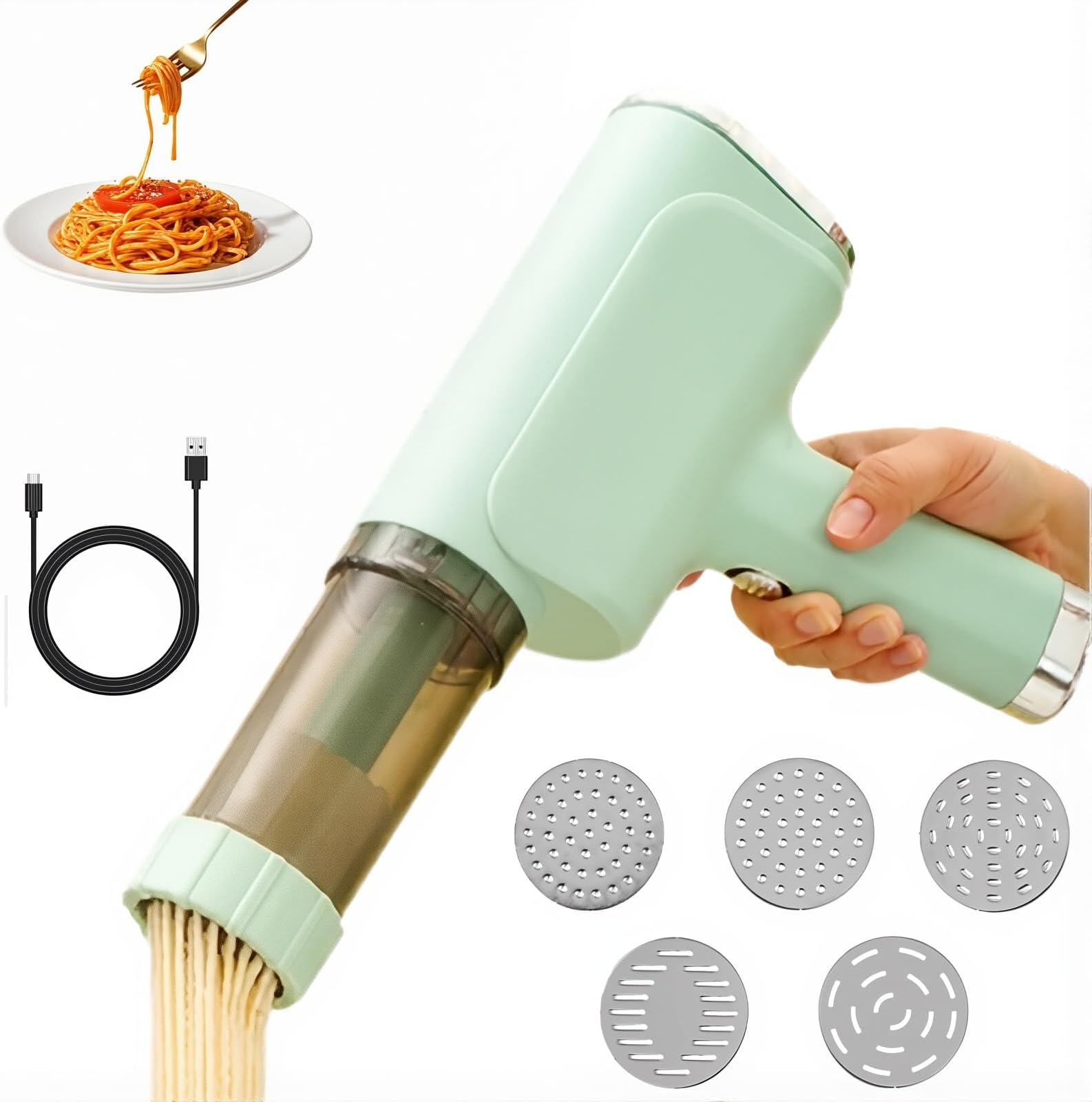 Electric Pasta Maker, Handheld Wireless Press, 1500mAh, One Touch Operation, Quick Press for Spaghetti and Fettuccine, Multi-Purpose Kitchen Tool