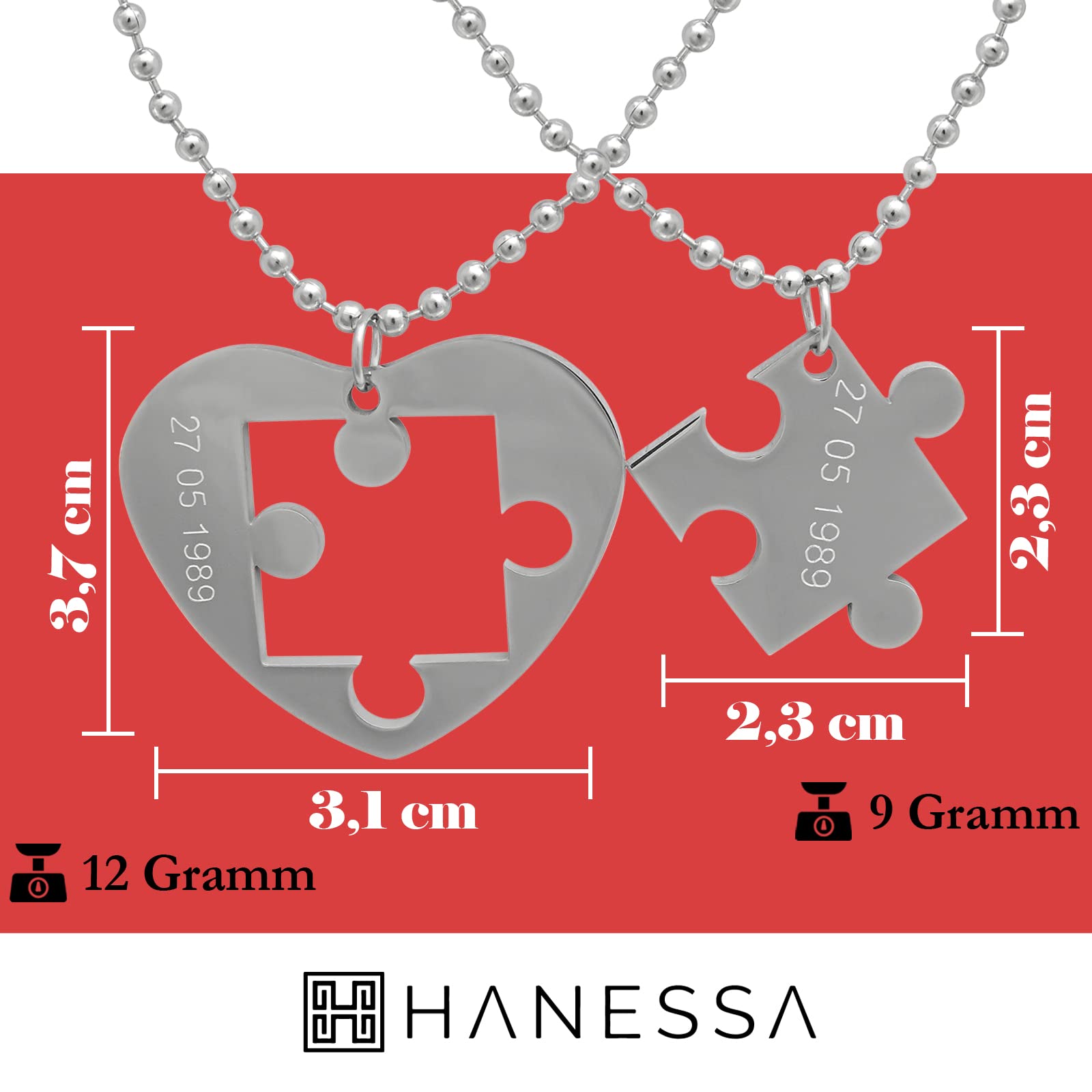 2 Stück Personalisierte Kette mit Gravur Edelstahl 60 cm mit Anhänger Herz Puzzle in silber - Personalisierte Geschenke für Damen Herren Freundin Freund - Partner Halskette für Sie und Ihn