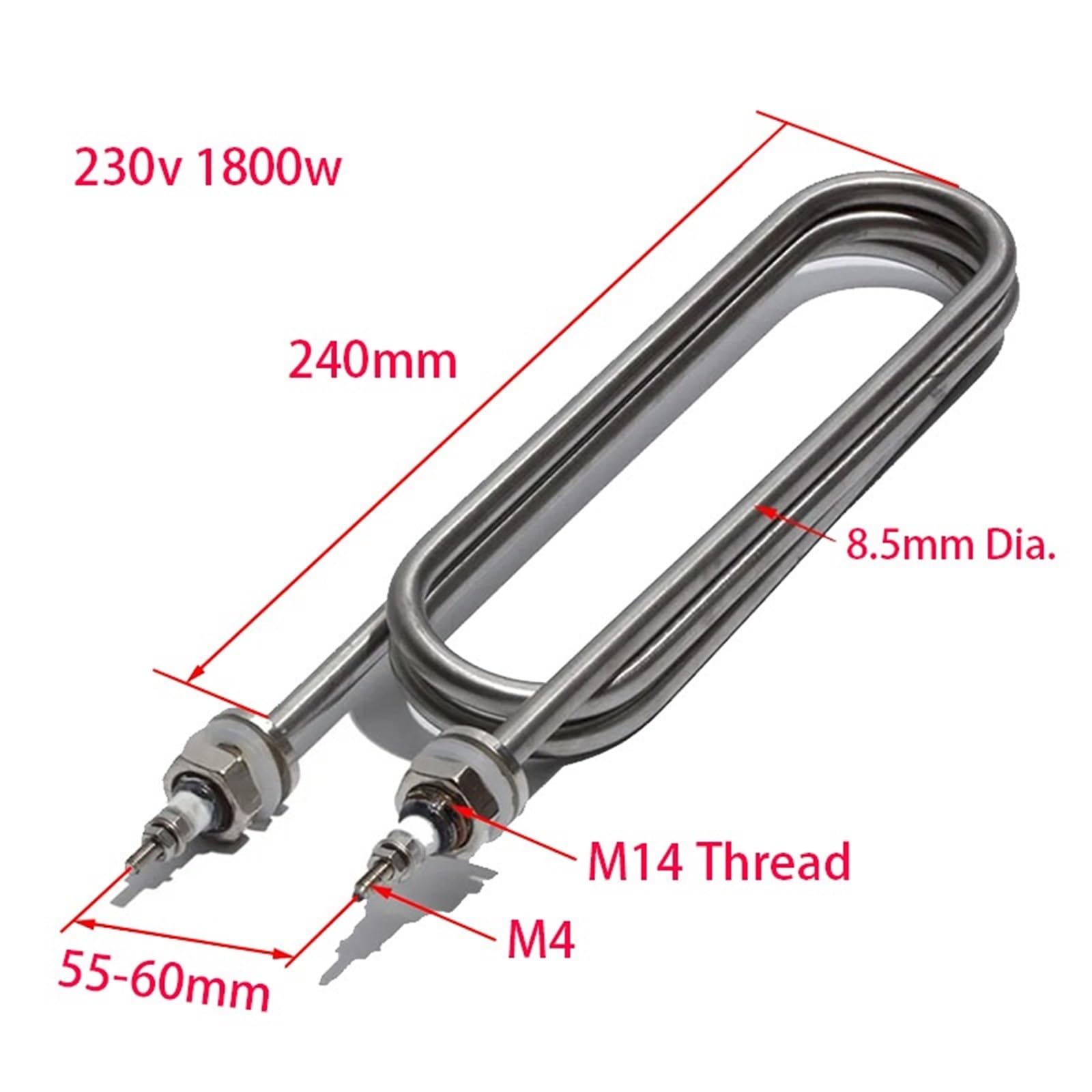 230 V 1800 W U-förmiges Wasserheizelement M14-Gewindebogen-Rohrheizkörper 304 Edelstahl 240 mm Länge 1 Stück