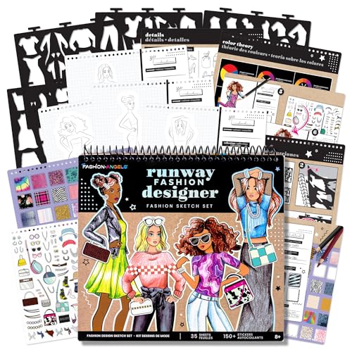 Image of Fashion Angels Fashion Runway Design Portfolio Book | Includes 35 Sketch Sheets with 4 Stencil Pages & 150+ Stickers, Ideal for Kids Ages 8+
