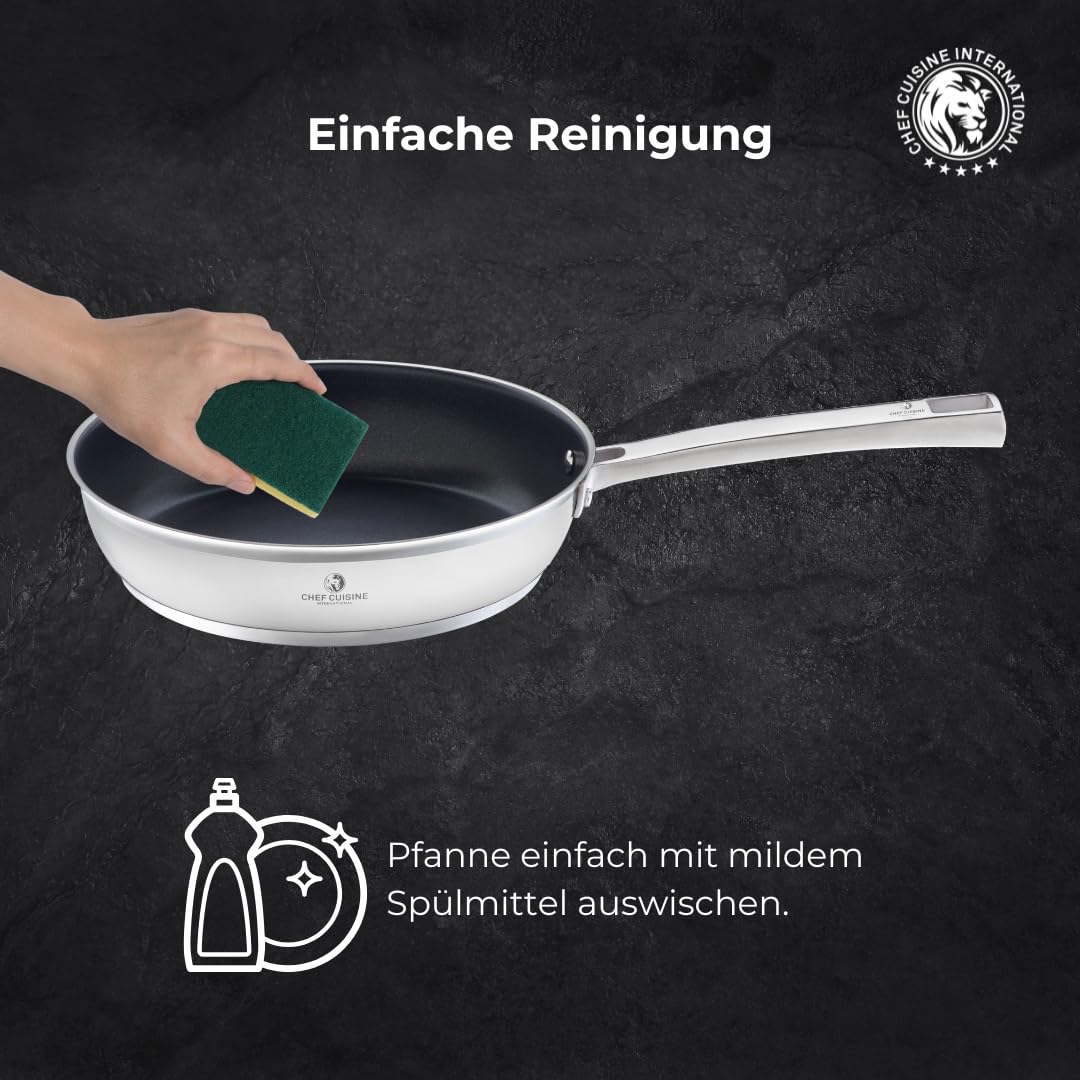 CHEF CUISINE Bratpfanne mit Teflon Antihaft Beschichtung ganz ohne anhaften – Edelstahl mit Antihaft-Beschichtung – alle Herdarten inkl. Induktion - backofengeeignet (28 cm)