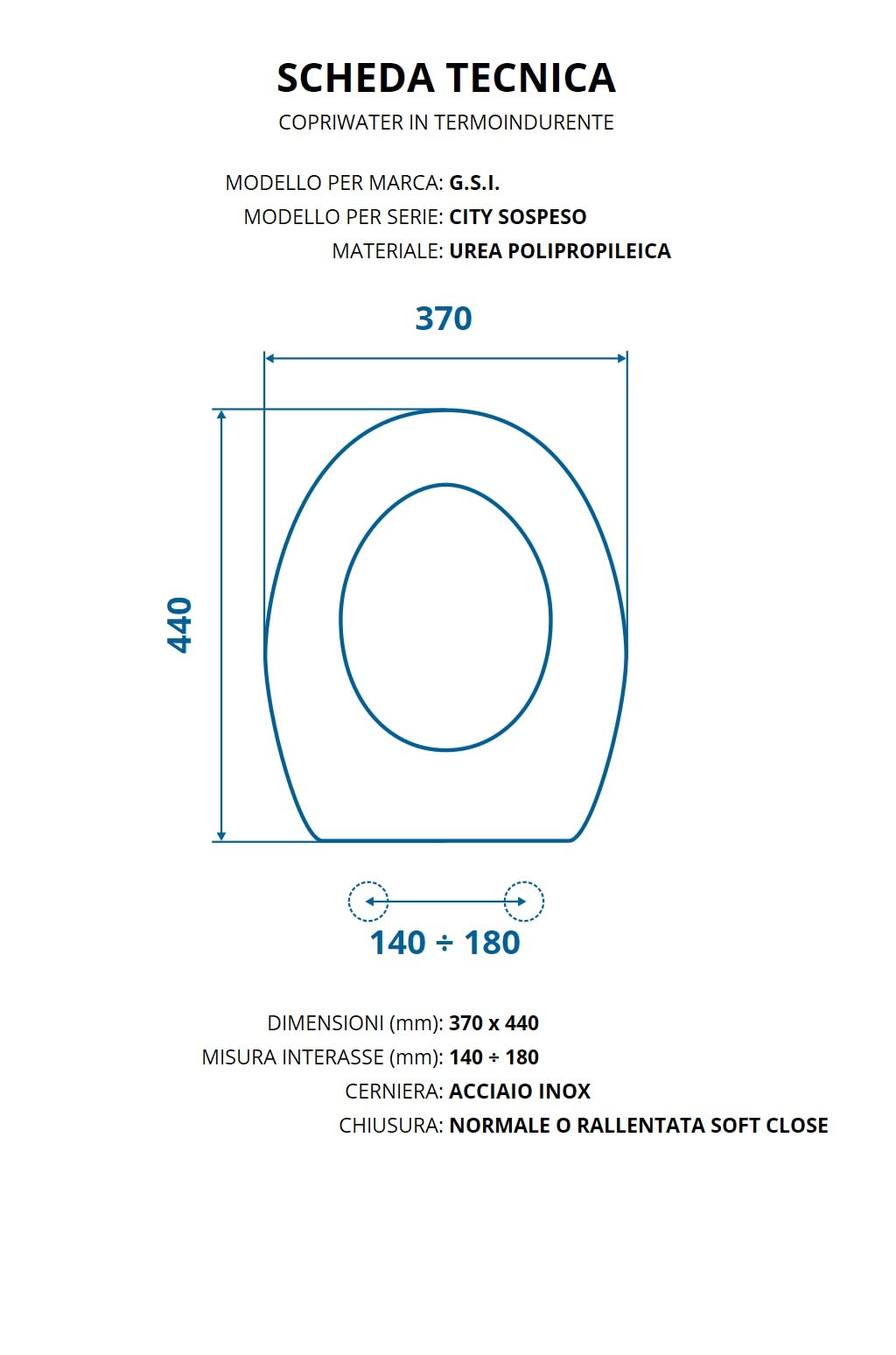 Copriwater per G.S.I. CITY SOSPESO AVVOLGENTE TERMOINDURENTE BIANCO cerniera inox
