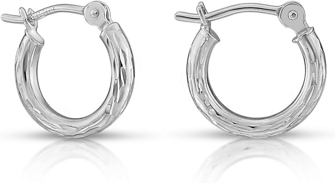 14k White Gold Hand Engraved Full Diamond-cut Round Hoop Earrings