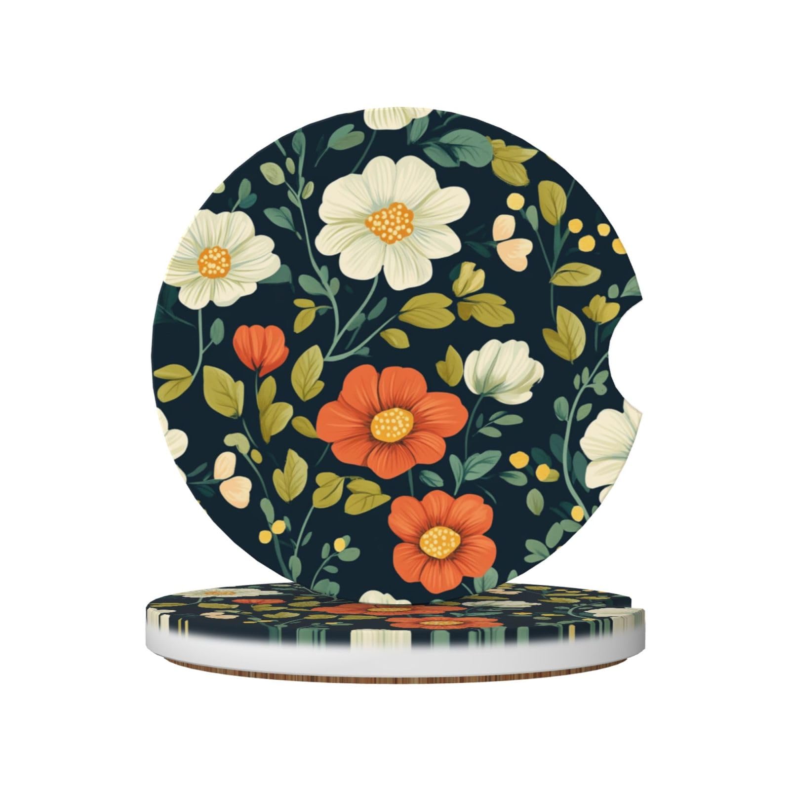 Boho Orange White Flower Pattern Ceramic Coasters,2pcs