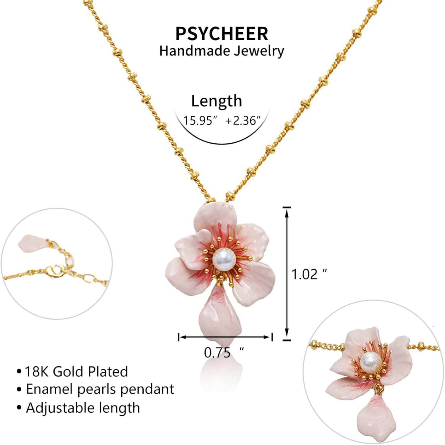 Cherry Blossom Pendant Necklace for Women Handmade Enamel Pink Flower Pearl Necklace 18K Gold-Plated Adjustable Jewelry Gift for Her Anniversary Birthday Valentine's Day - Image 5