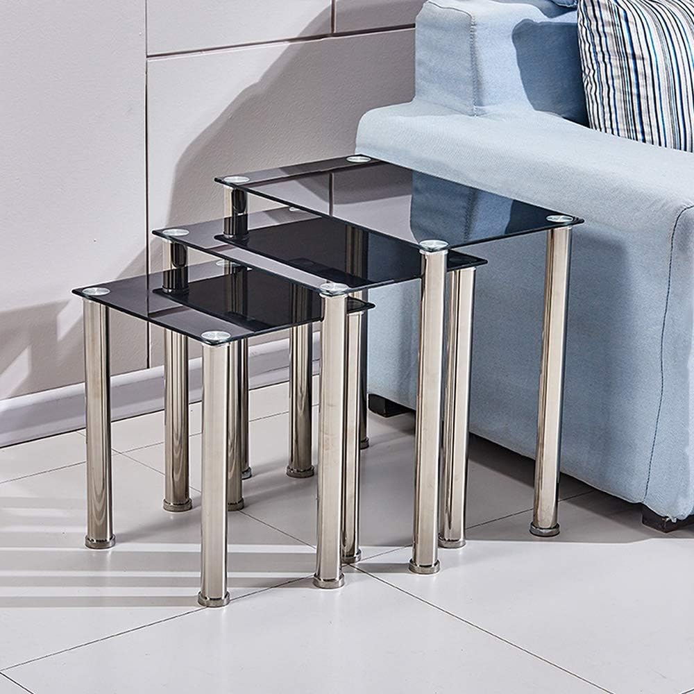 NICEME Glass Nest of Tables Set of 3, Rectangular End Table, Glass Coffee Table for Living Room (Black)