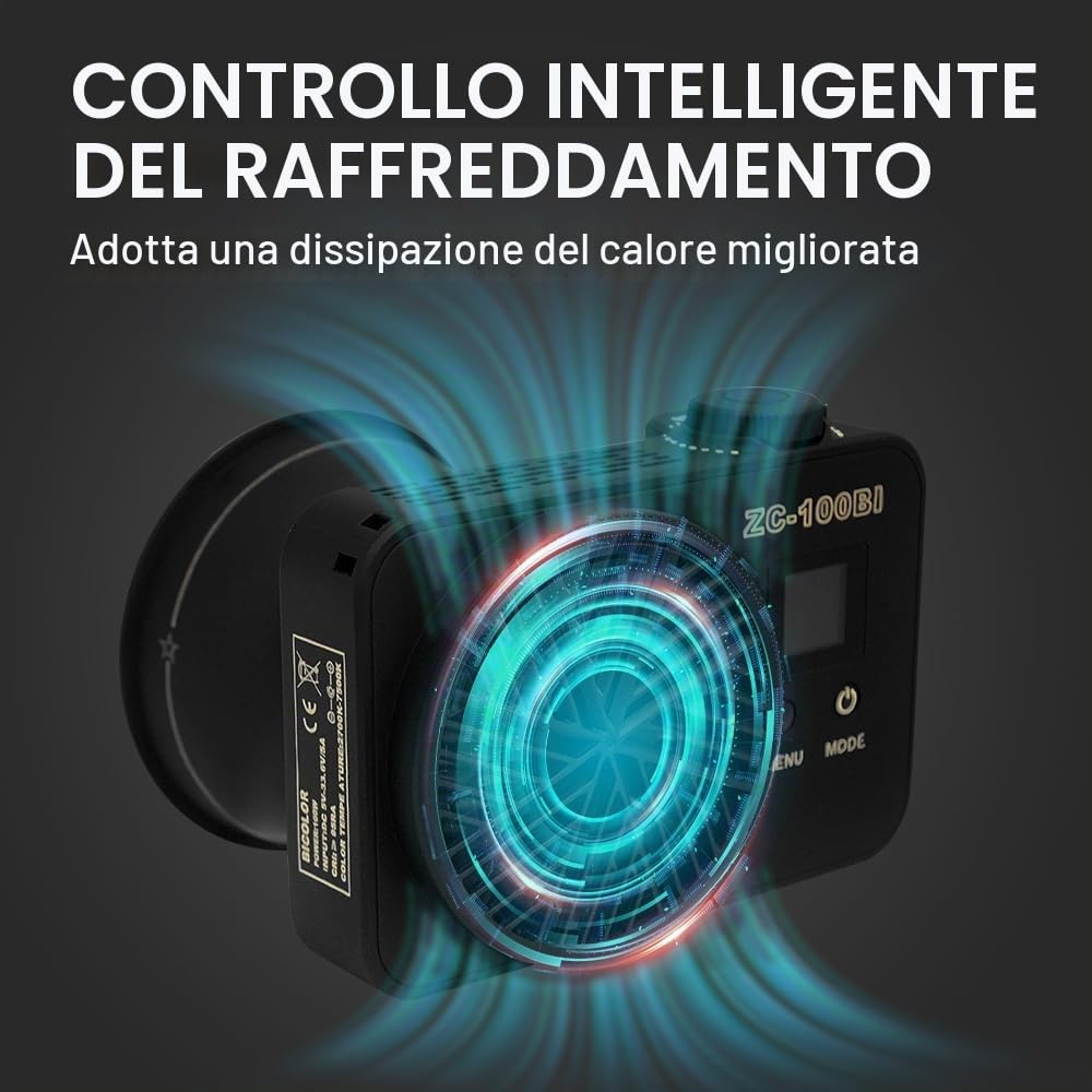 ZC-100BI 100W COB Video Light con Bowens Mount, 10000Lux/m 2700K-7500K Bicolor Camera Light con 10 Simulazioni Scenario Controllo Illuminazione Continua per Fotografia