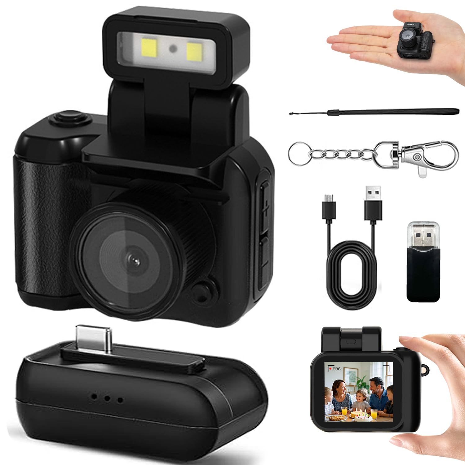 Mini Retro Video Camera Digital, Mini Keychain Camera with Sd Card, Portable Tiny Nostalgic Digital Camera, 1080p Hd with Led Flash Light (Black No Memory Card)