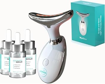 MyoGlow Arm Lifting Device with 5% Niacinamide Serum, 90 Day Supply Set | My Derma Dream, Red Blue Amber Light, Sonic Vibration, 3 Bottles, Rechargeable, Face, Neck, Arms