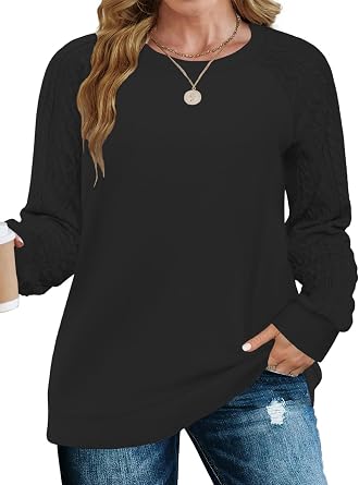 VISLILY Womens-Plus-Size-Sweatshirts Trendy Raglan Cable Knit Long Sleeve Shirts Casual Crewneck Pullover Tunic Tops XL-5XL