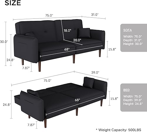 Miniatura 2 de ManyStars Sofá cama tipo futón plegable convertible para sala de estar, tapizado de lino de 75 pulgadas, sofá biplaza de 3 plazas con reposabrazos y