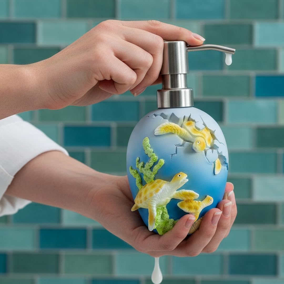6-inch Turtle Soap Dispenser - Ocean Theme Resin Hand Soap & Lotion Organizer, Seashell Design Bathroom Decor Accents