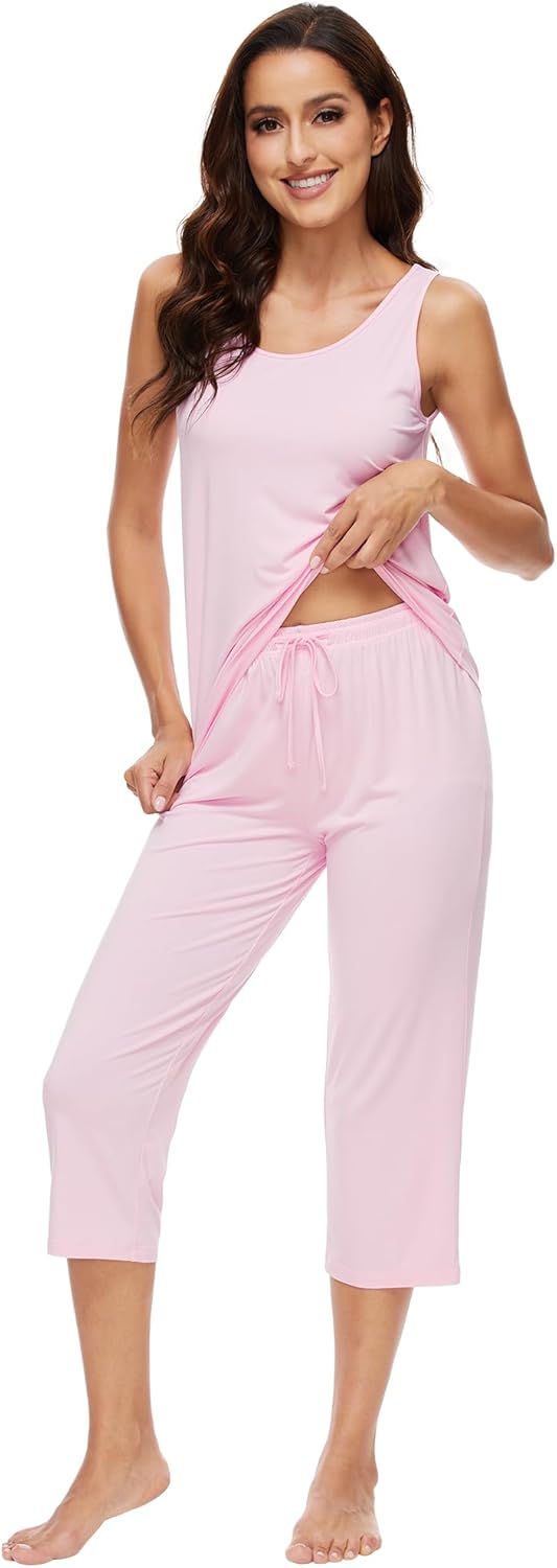 WiWi Pajamas for Women-Viscose Made from Bamboo Sleeveless Pjs Tank Top Capri Pants Pajama Set S-XXL - Image 3