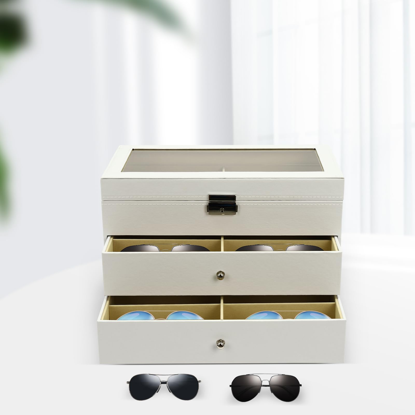 Caja de almacenamiento de gafas, 18 gafas de sol, caja expositora, gafas de sol, caja de almacenamiento de piel, estuche con cerradura y llave, estuche con tapa de cristal, 33,5 x 19 x 22,5