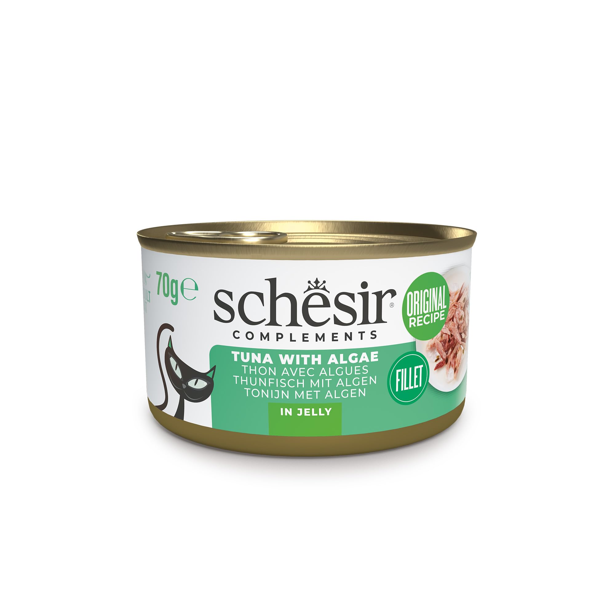 Schesir, Filetes de Atún con Algas en Gelatina, Comida Húmeda Complementaria para Gatos, en Latas, Receta Original, 100% Natural, 12 x 70g
