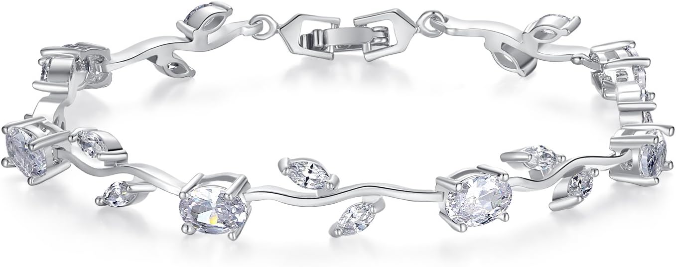 Lovely White Gold Plated AAA Cubic Zirconia Gemstone Flower Vine 7 Inches Bracelet for Mothers