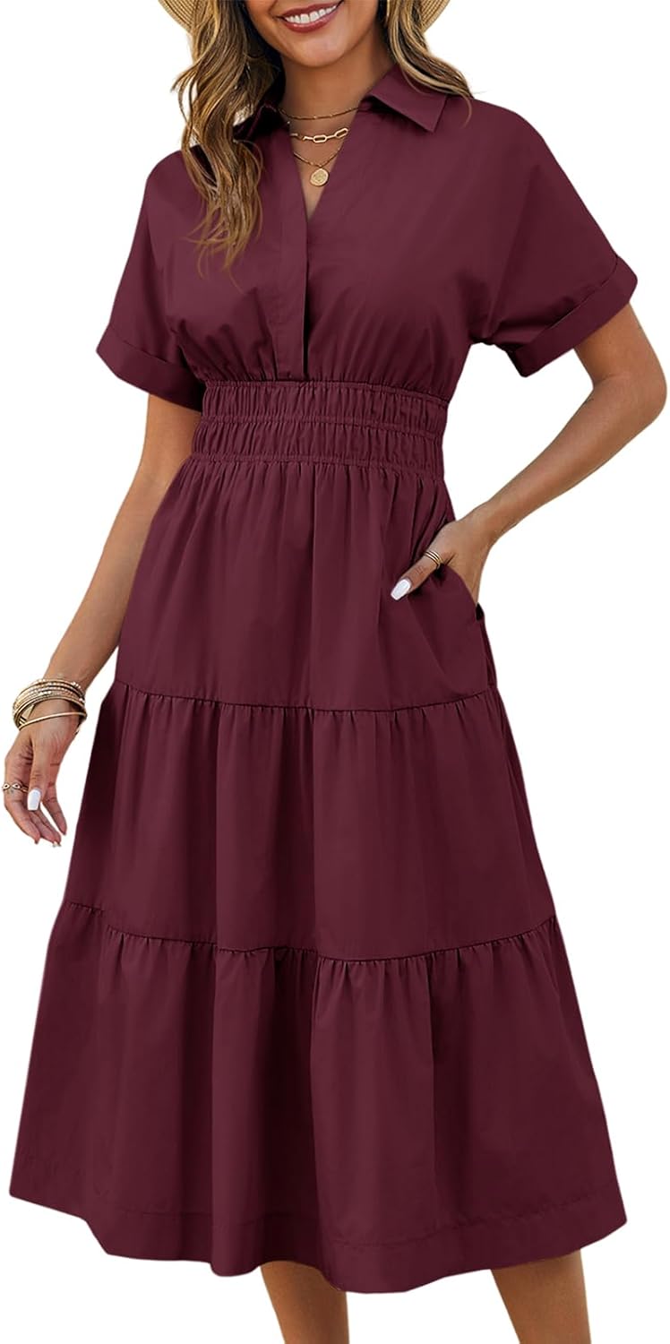 Wenrine Womens Summer Short Sleeve Maxi Dresses Casual V Neck Smocked Loose Tiered Flowy Shirt Dress with Pockets