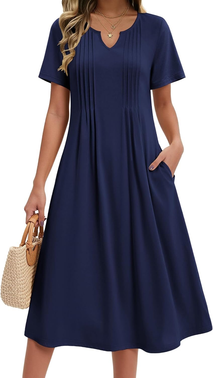 Zeagoo Summer Dresses for Women 2026 Casual Short Sleeve Aline Midi Dress with Pocket Flowy Pleated Tshirt Beach Sundress