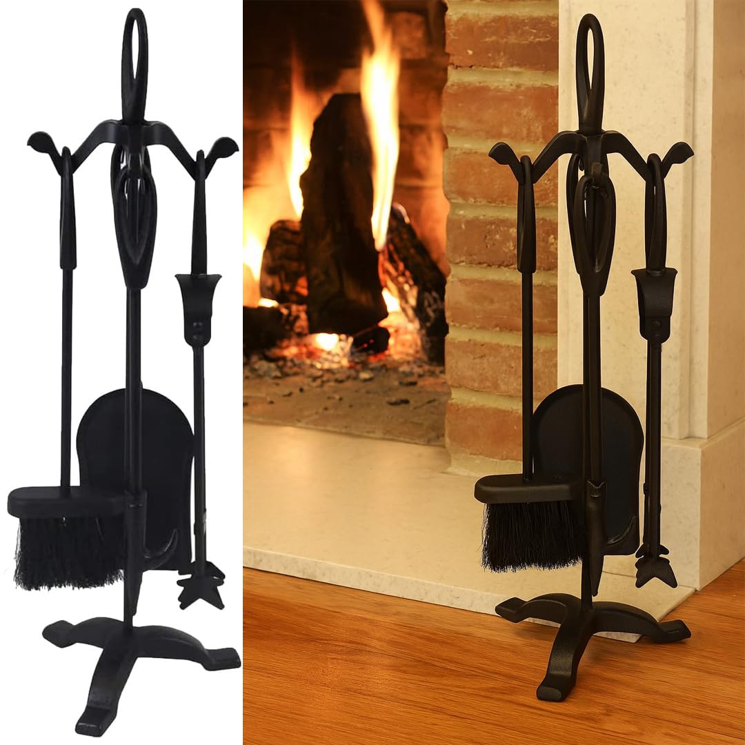 Almineez Traditional Companion Set 5 Piece Fireside Companion Tool Set Cast Iron Fireplace Wood Log Burner Coal Stove Accessories Set Broom, Shovel, Tong & Poker with Stand 5pc Decoration