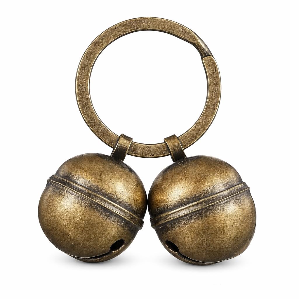 Harts Large Loud Double Bell Keychain, Antique Brass Finish, 21mm Bells with 30mm Split Ring, Pet Dog Cat Purse Alarm Attachment