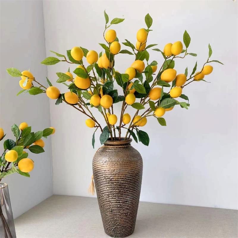 Ddewing Artificial Lemon Branch High Simulation Lemon Branches Leaves Yellow Vivid Lemon Floor Standing Long Branches Green Plants Ornaments for Living Room Model Room