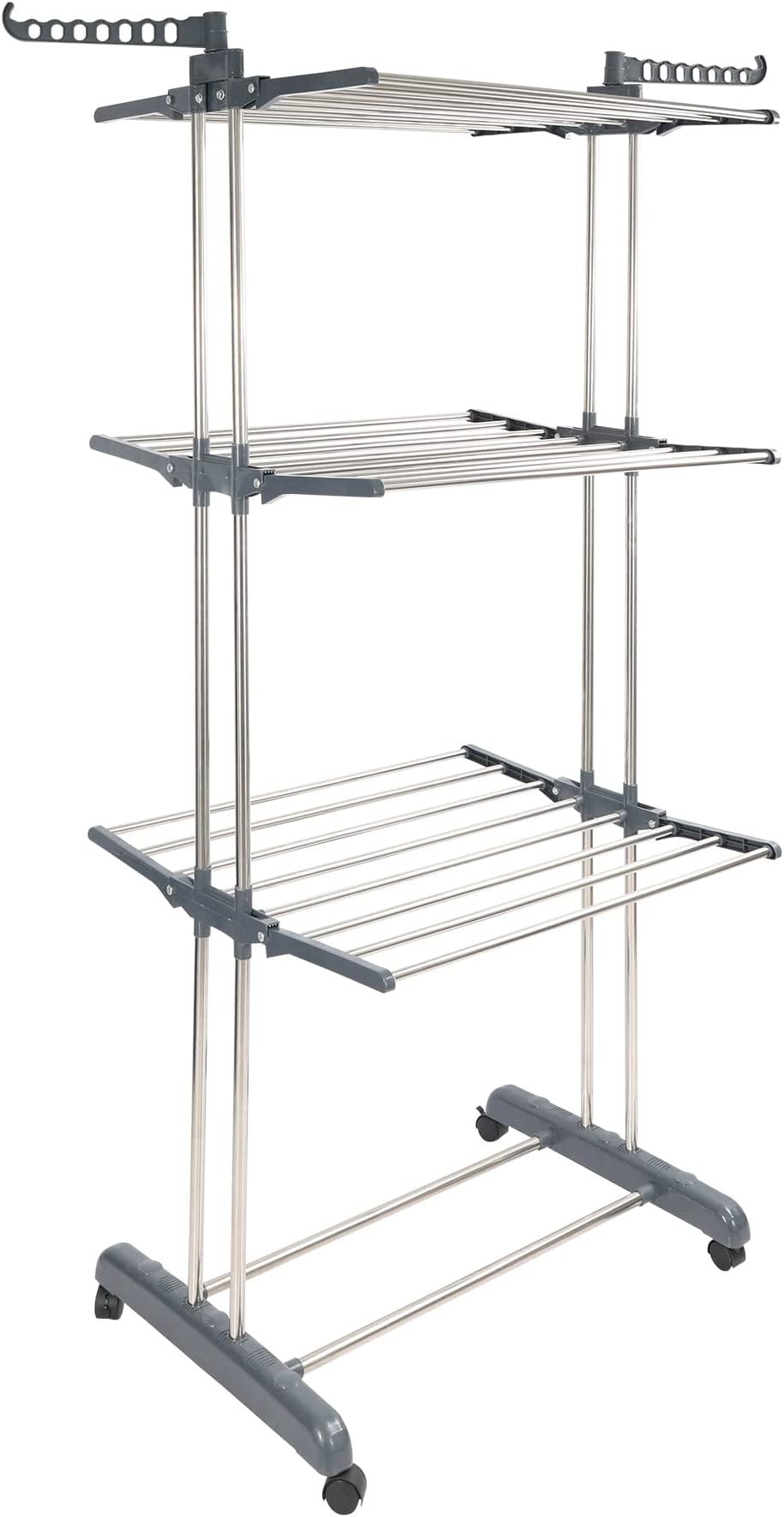 3 Tier Folding Clothes Drying Rack with Casters, Movable Stainless Steel Laundry Drying Rack Including 2 Foldable Wings, Indoor Outdoor Drying Rack Clothing on Wheels