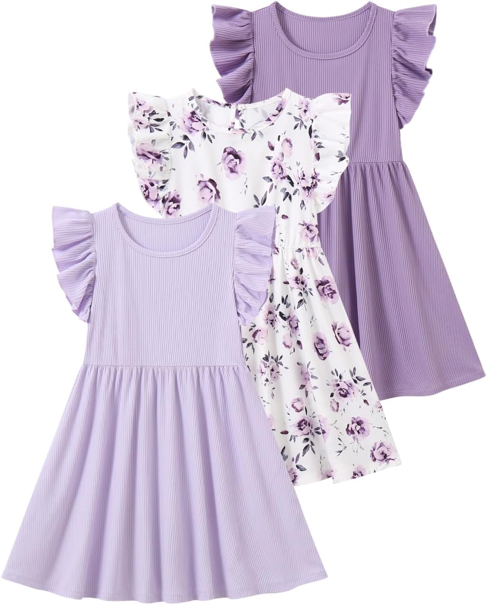 3 Pack Girls Summer Dress Floral Dresses Flutter Sleeve Sundress Kids Casual Dresses for Beach Party 3-14 Years