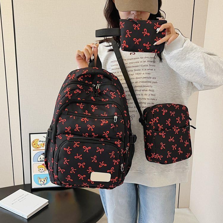 Bow Backpack for Women Coquettes Aesthetic Nylon Rucksack Cute Kawaii Backpack 3Pcs Set With Bow Pattern Red2