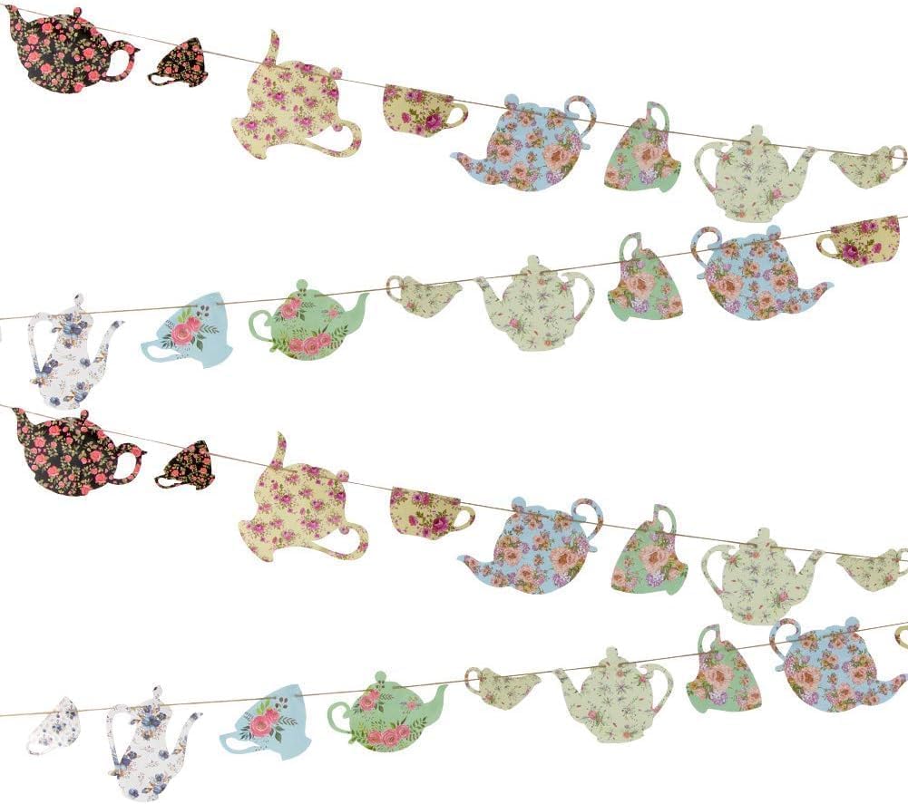 KSHGTB Vintage Tea Cup Floral Garland Bunting Banner Decorations - Elegant Vintage Banner for Alice in Wonderland Parties, Tea party, Weddings