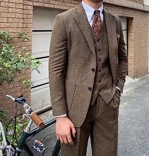 Men’s 3 Piece Wool Tweed Herringbone Men's Suits Two Button Wedding Business Tuxedo Solid Blazer Jacket Vest Pants4