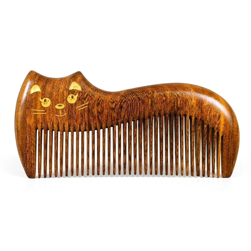 Peine de madera de sándalo, hecho a mano, peine de madera de sándalo, antiestático, peine de pelo de dientes finos para hombres, mujeres y niños, peine para barba, buen regalo (gato)