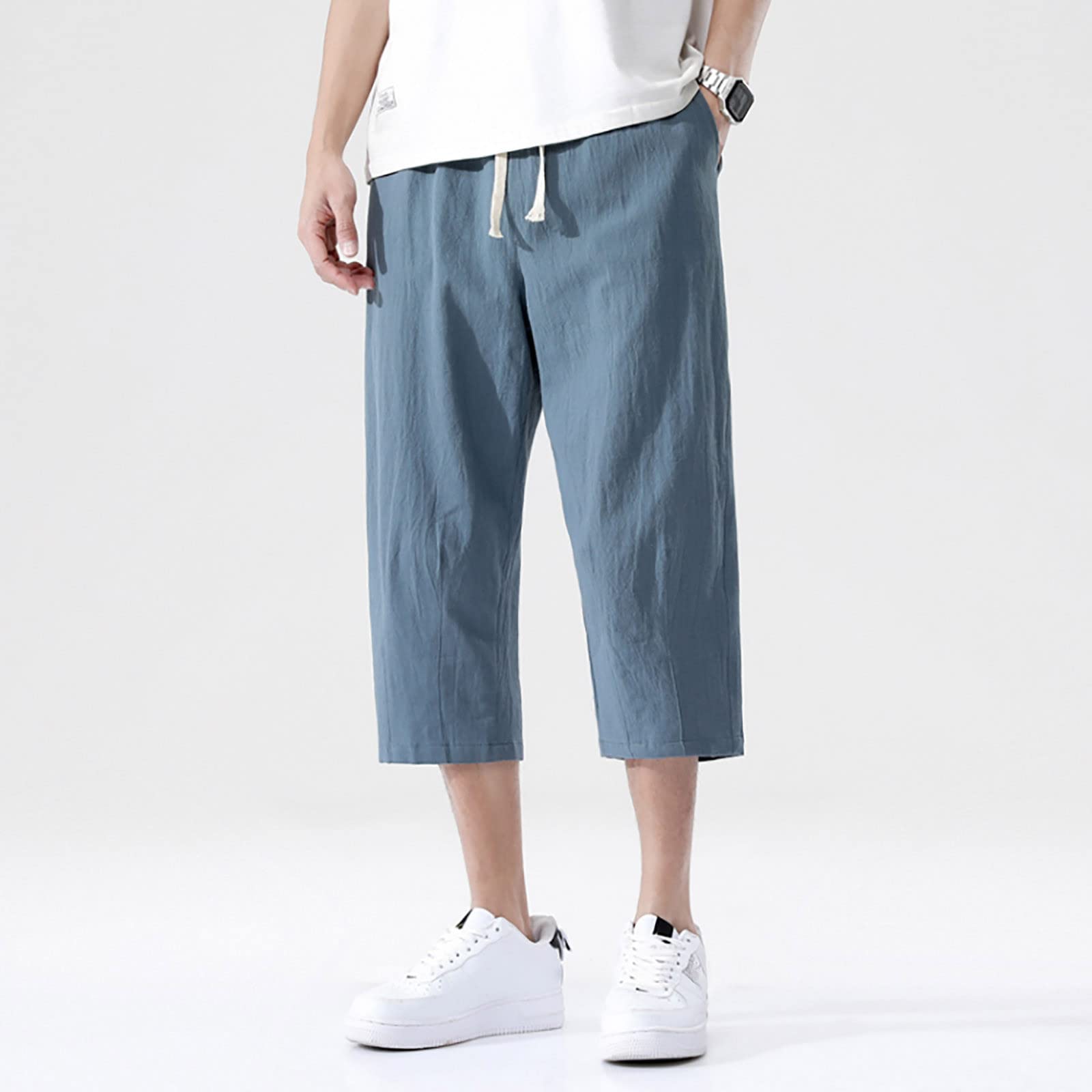 Designer Cargo Pants Mens Linen Capri Pants Lightweight Loose