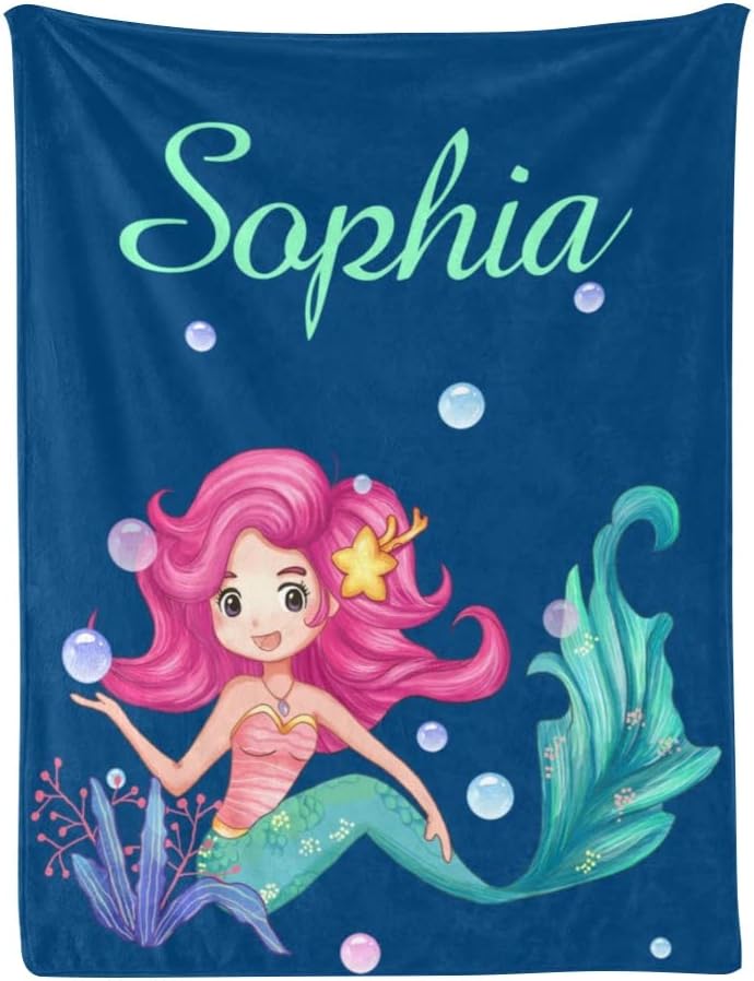Mermaid Blanket Personalized for Baby Girl Soft Throw Blanket with Name 50" x 60"
