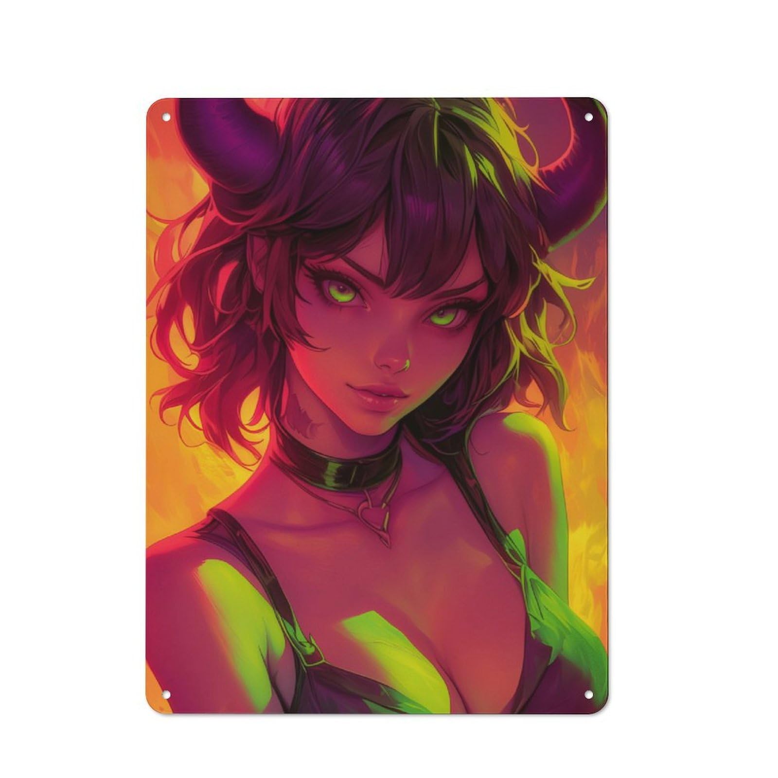 Neon Oni Demon Anime Girl Printed Metal Sign, Easy to Hang Plaque for Home Bar, Pub Room Or Kitchen Wall, 40x30cm