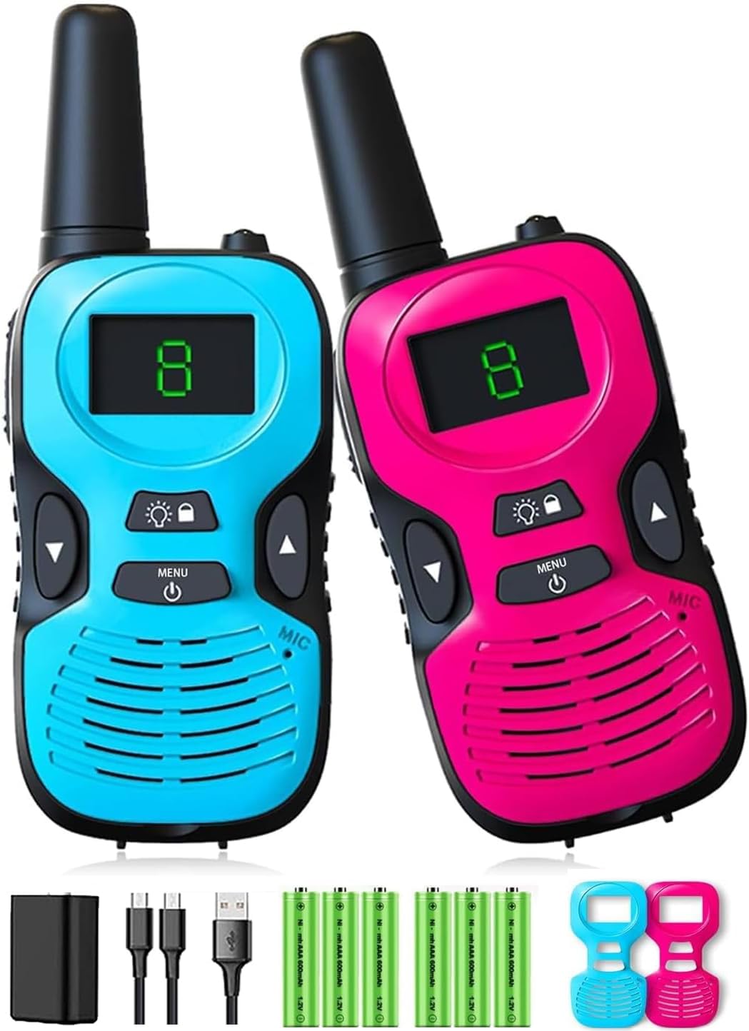 Two Hetyue Kids Walkie Talkies, one blue and one pink, with accessories like rechargeable batteries and charging cables.