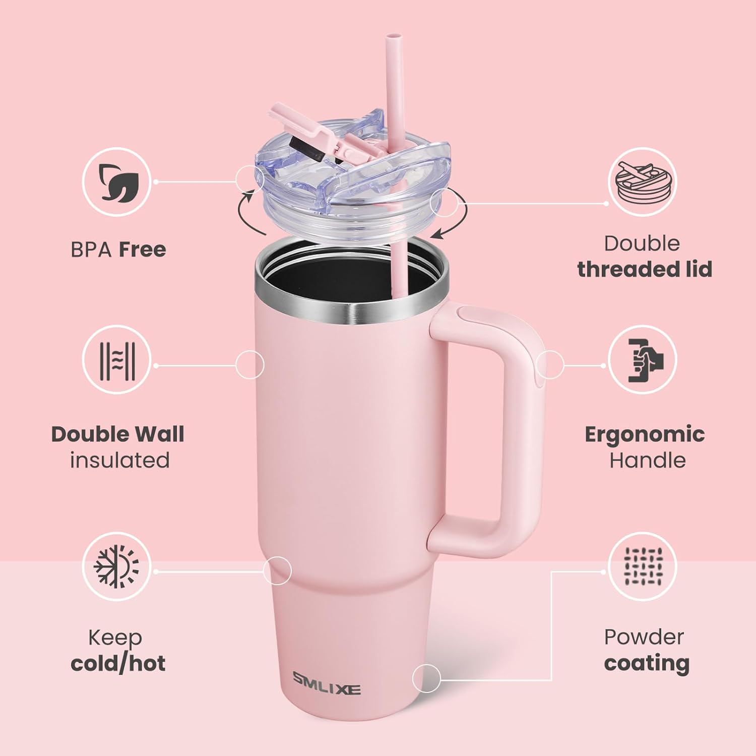 30 oz Tumbler with Handle, Tumbler with Lid and Straw, Double Wall Vacuum Insulated Travel Mug Stainless Steel Tumbler for Hot and Cold, Cupholder Friendly (Pink) - Image 2