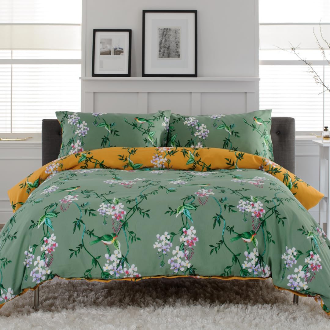 Deyongs Bird Garden Sage & Gold Printed Cotton Rich 200 Thread Count Duvet Set