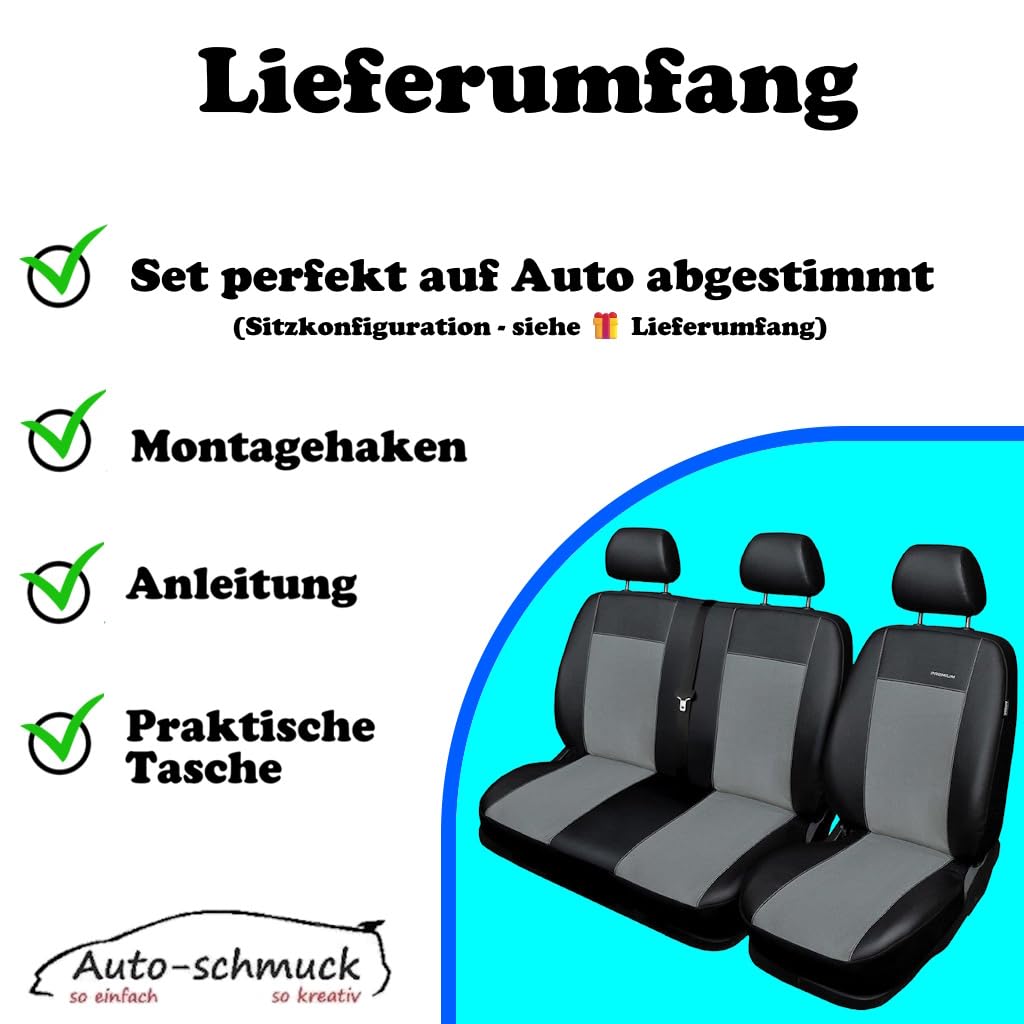Transit pokrowce na siedzenia na miarę samochodowe idealne dopasowanie pokrowce ochronne na siedzenia welurowe + dziergana wyściółka ®biżuteria samochodowa (Premium Custom 2+1 szara)