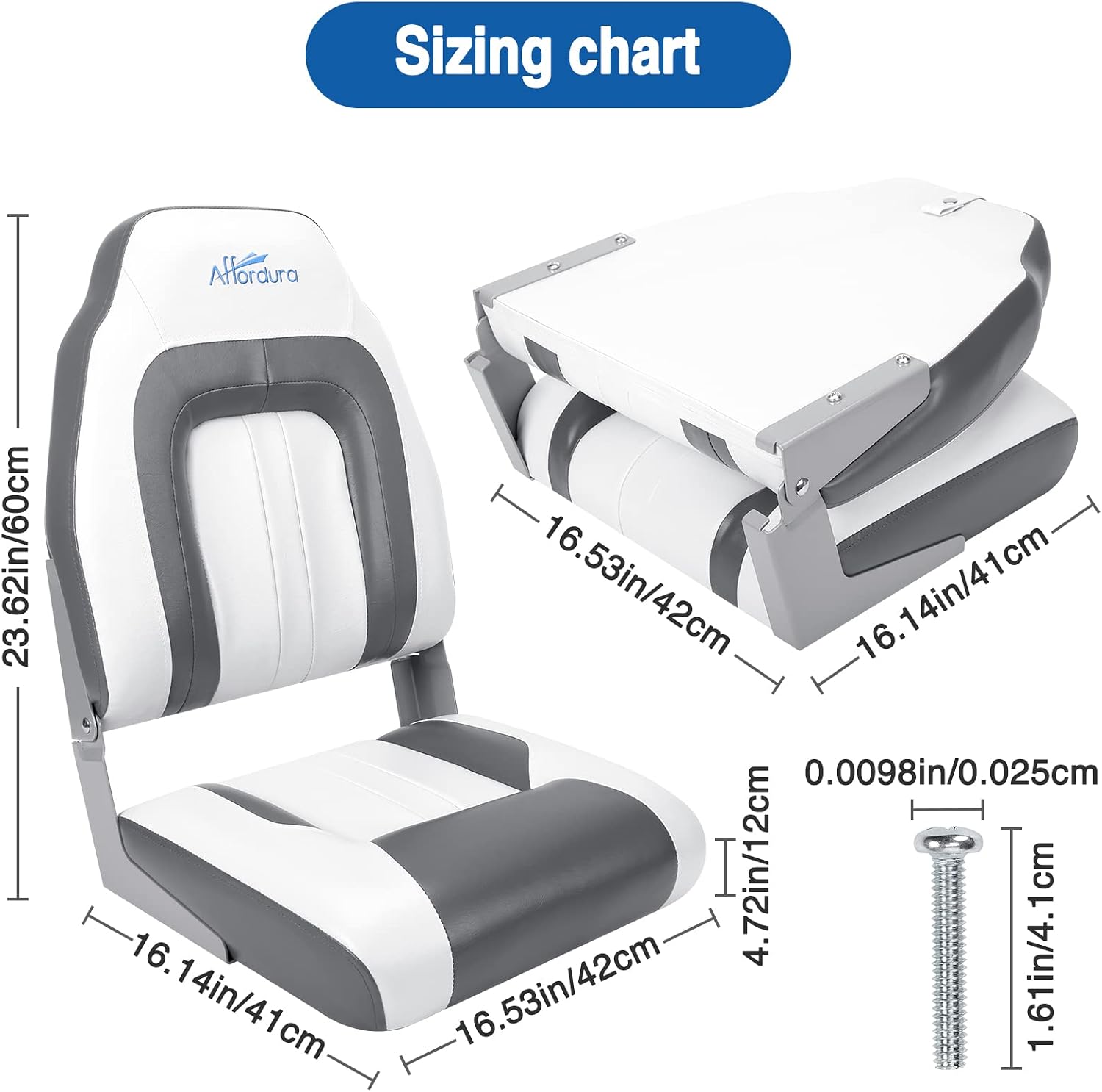 Affordura Boat Seat for Boats with 2 Storage Bags High Back Folding Boat Seat Boat Fold Down Seat (2 Packs) (White&Charcoal)