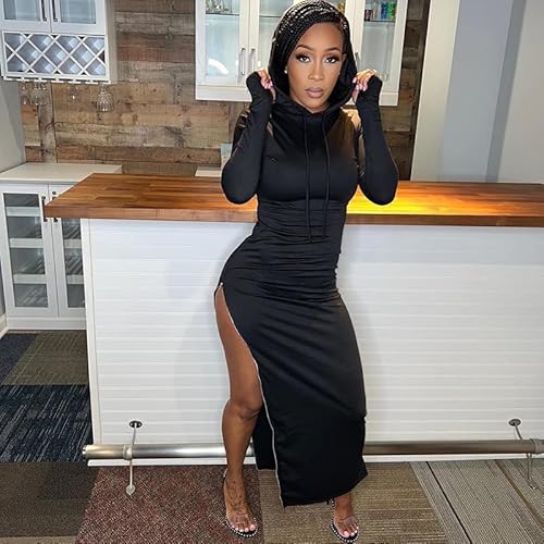 Lufeng Women's Casual Long Sleeve Thumb Hole High Slit Pullover Maxi Hoodie Dress Slim Sweatshirt Long Dress Black #TOP1